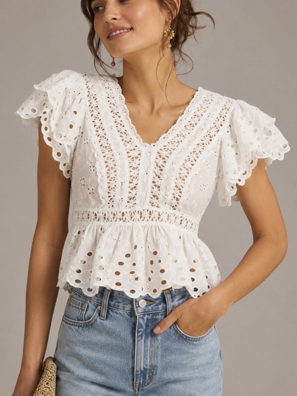 Jennifer & Grace White Eyelet V-Neck Cropped Blouse XL